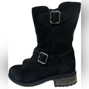 UGG Chaney Black Boots Side Zip Sherpa Sheep Lined Buckle Boot Heel Size 5